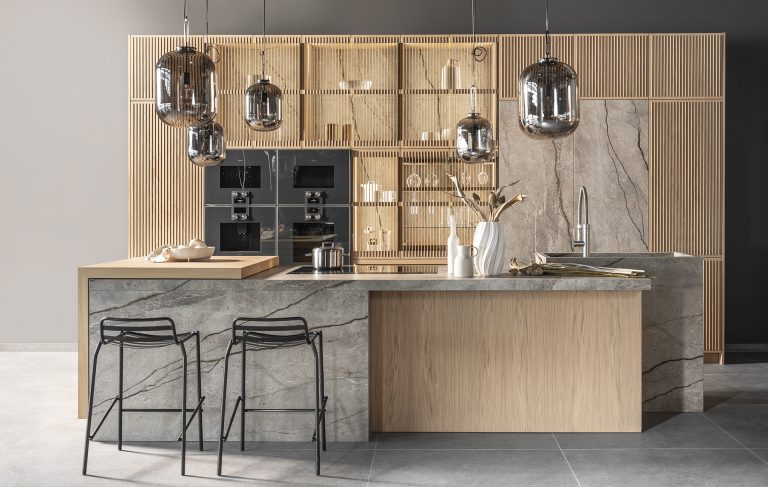 Imperial Oak kitchen collection, inspired by nature, featuring an integrated sintered stone sink, oak island with electric elements, and high cabinetry with built-in appliances.