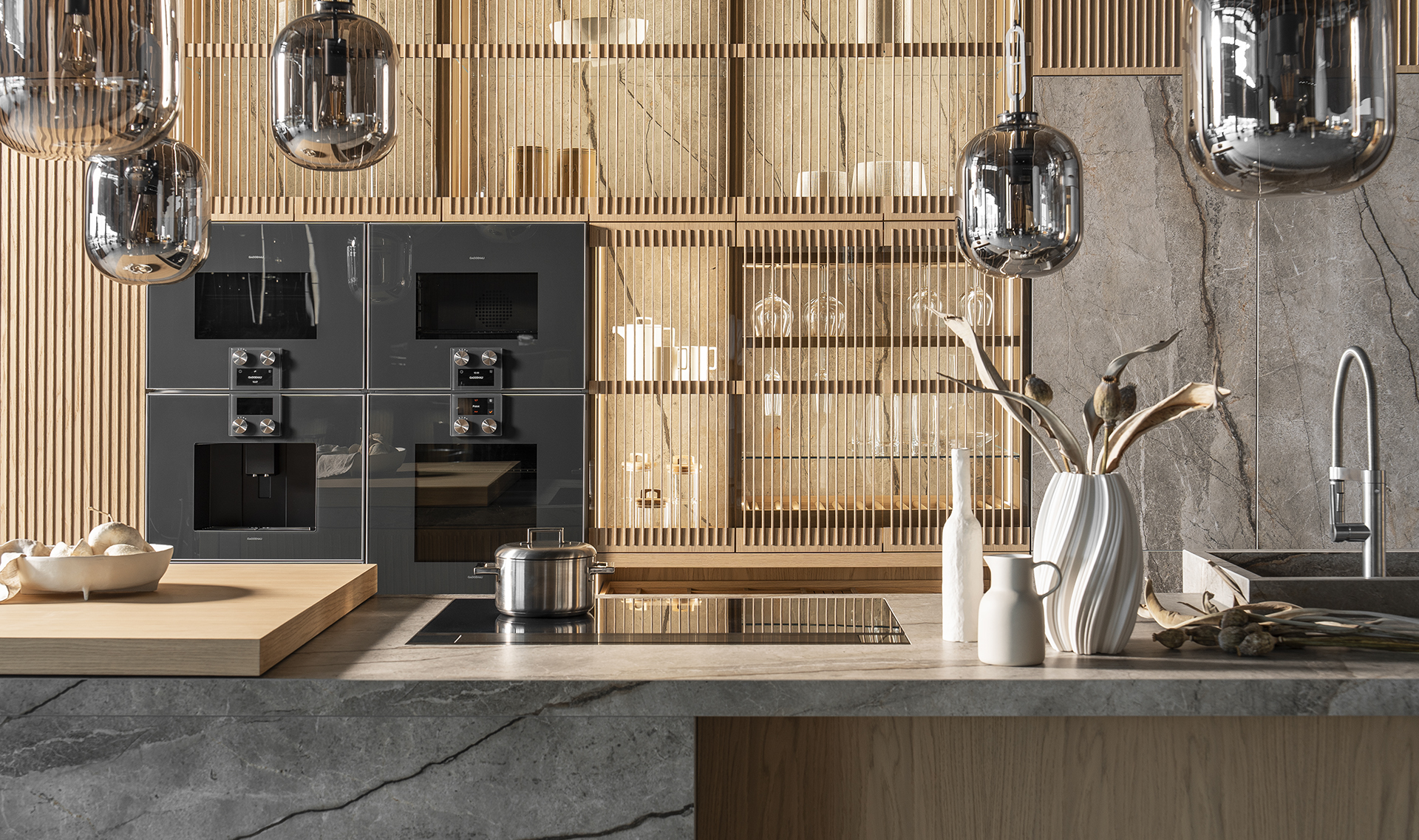 Imperial Oak kitchen collection, inspired by nature, featuring an integrated sintered stone sink, oak island with electric elements, and high cabinetry with built-in appliances.