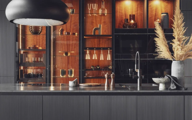 Stylish modern kitchen featuring black fluted fronts and warm oak-lit niches, creating a cozy yet sophisticated ambiance. Part of the Arta Kitchen Collection by MY-SPACE.