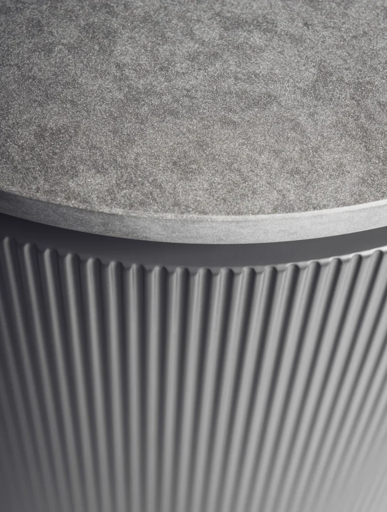 Stylish modern kitchen featuring black fluted fronts and warm oak-lit niches, creating a cozy yet sophisticated ambiance. Part of the Arta Kitchen Collection by MY-SPACE.