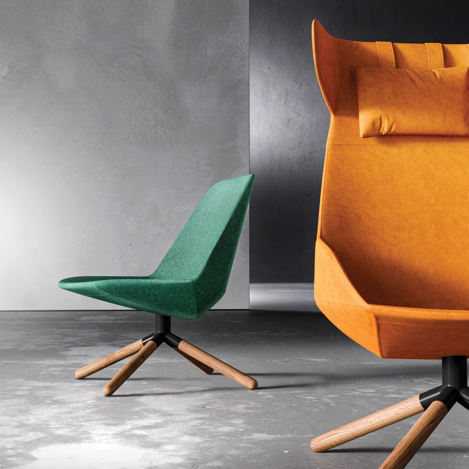Green and orange wool elegant chair, ideal for enhancing modern interiors with their minimalist design.